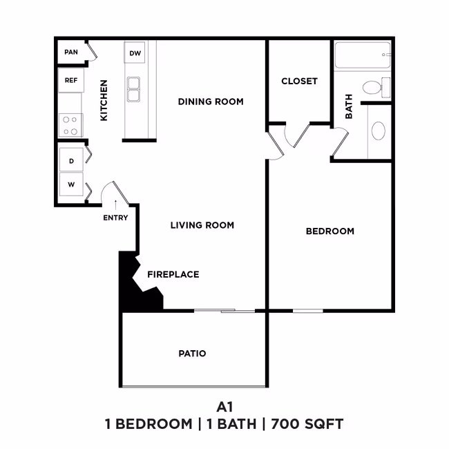One Bed One Bath 700 Sqft 320-112 floor plan